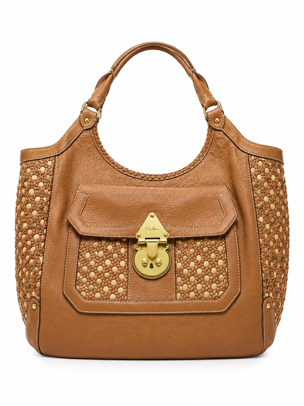 Cole Haan Tan Woven Leather Shoulder Bag with Gold Lock - Picture 1 of 16